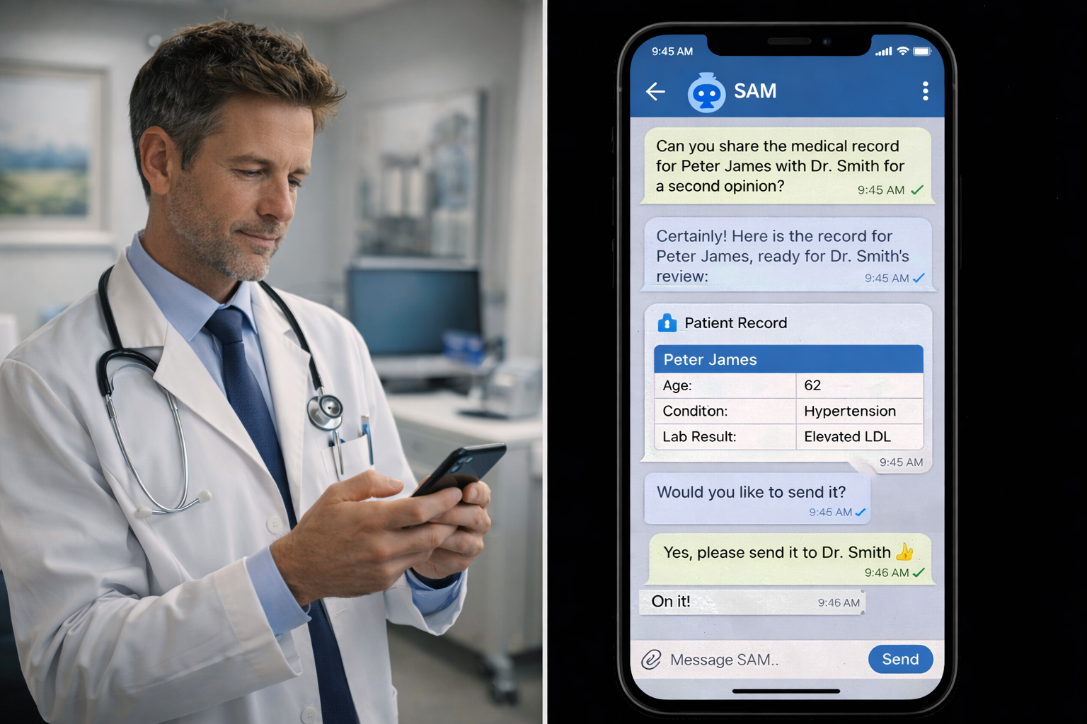 Doctor consulting SAM AI assistant for patient records